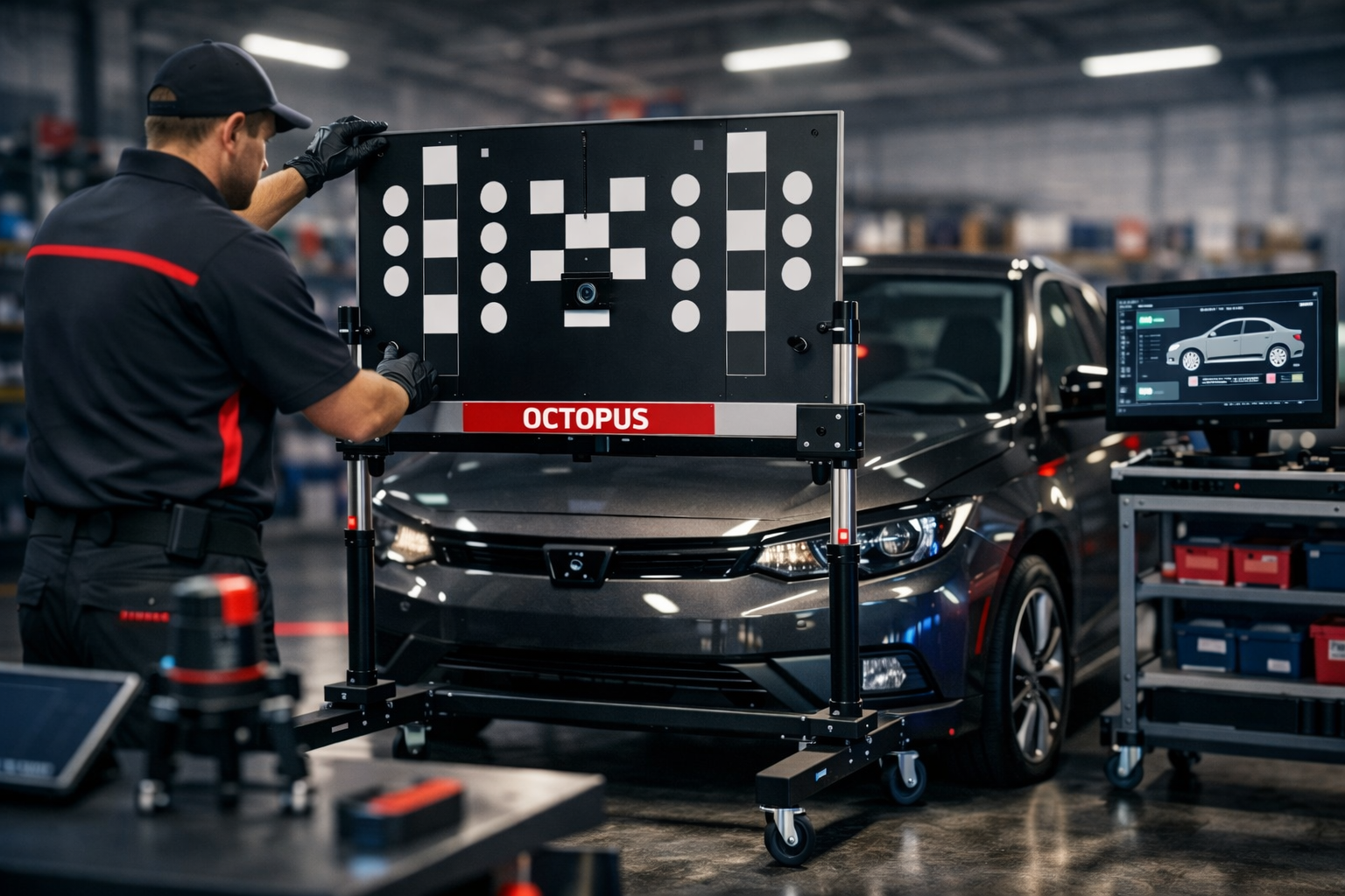ADAS‑Kalibrierung in Stade – Techniker justiert ein Fahrerassistenzsystem mit professionellem Kalibrierboard in der Autoglas‑Werkstatt Tipp Topp.