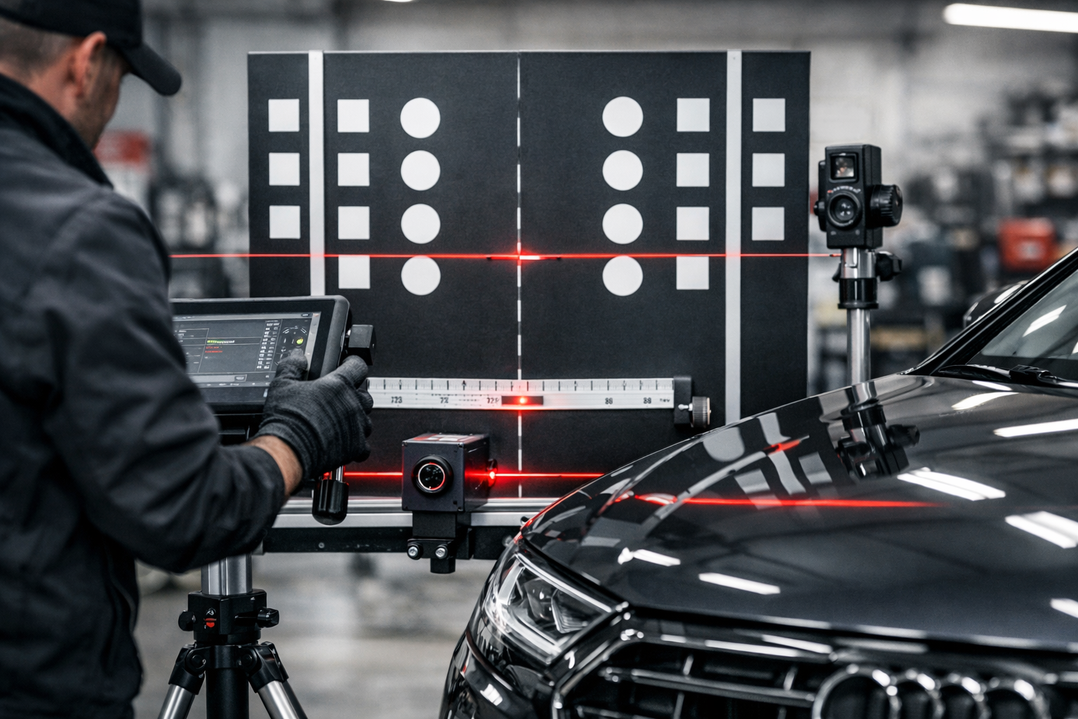ADAS-Kalibrierung in Stade – Techniker richtet digitale Kalibriertafel und Messsysteme präzise vor einem Fahrzeug aus.