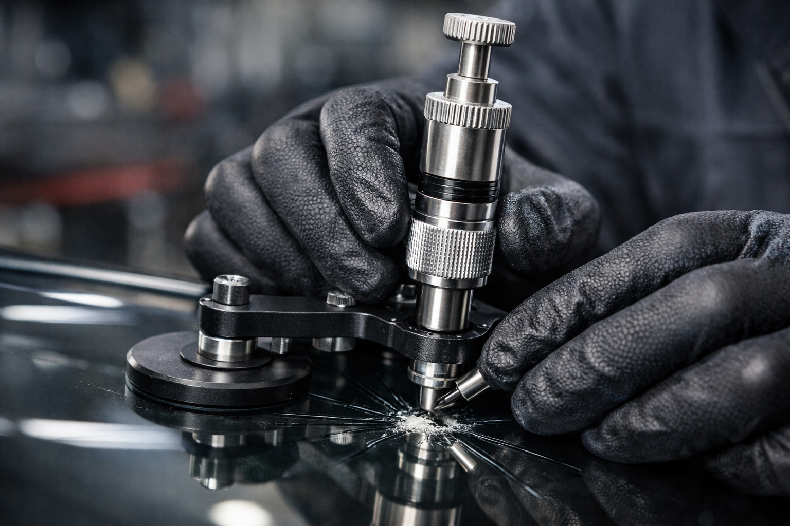 Steinschlagreparatur an einer Windschutzscheibe in Stade – Techniker injiziert Harz mit professionellem Reparaturwerkzeug.