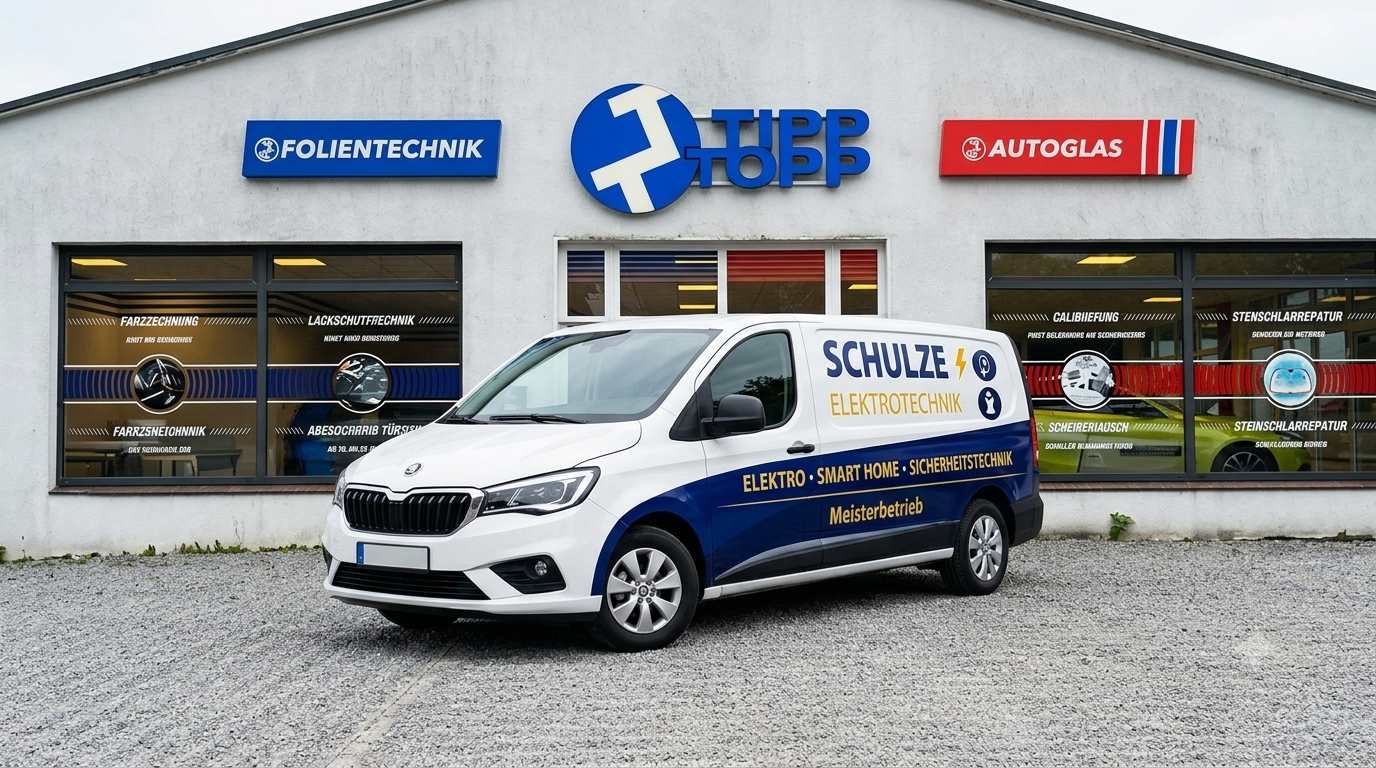 Auto-Firmenbeschriftung Stade – frisch beschrifteter Transporter vor der Tipp Topp Werkstatt