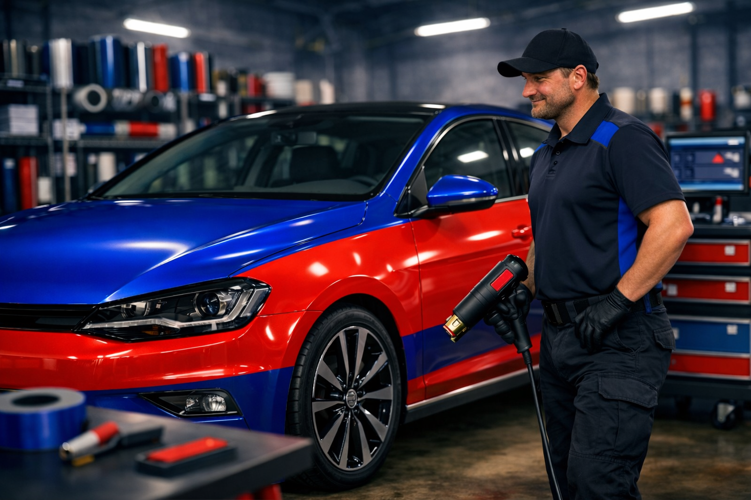 Folientechnik Stade – Techniker bringt hochwertige Autofolie mit Heißluftföhn auf ein Fahrzeug auf, professionelle Car-Wrapping-Werkstatt Tipp Topp.