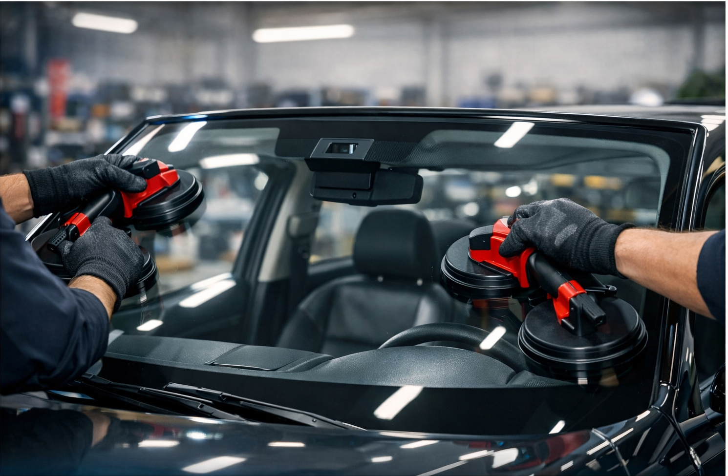 Scheibentausch in Stade – Techniker montieren eine neue Windschutzscheibe mit professionellen Werkzeugen in der Autoglas‑Werkstatt Tipp Topp.