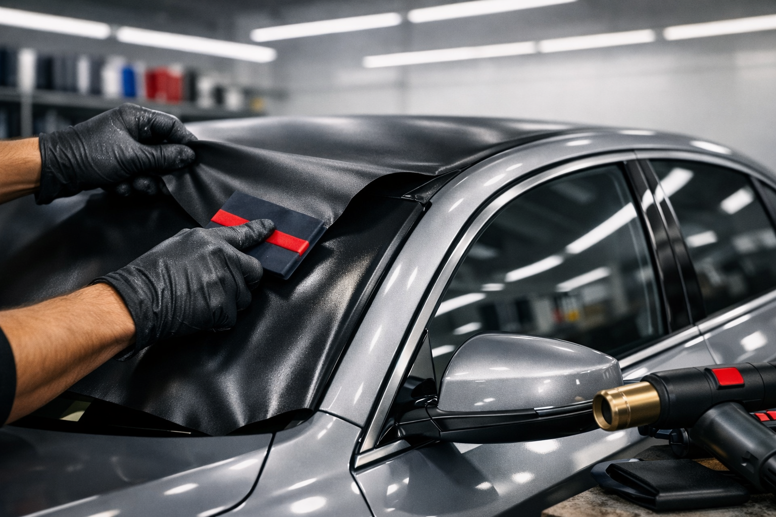 Auto Folierung in Stade – präzise Dachfolierung mit schwarzer Vinylfolie in professioneller Werkstatt
