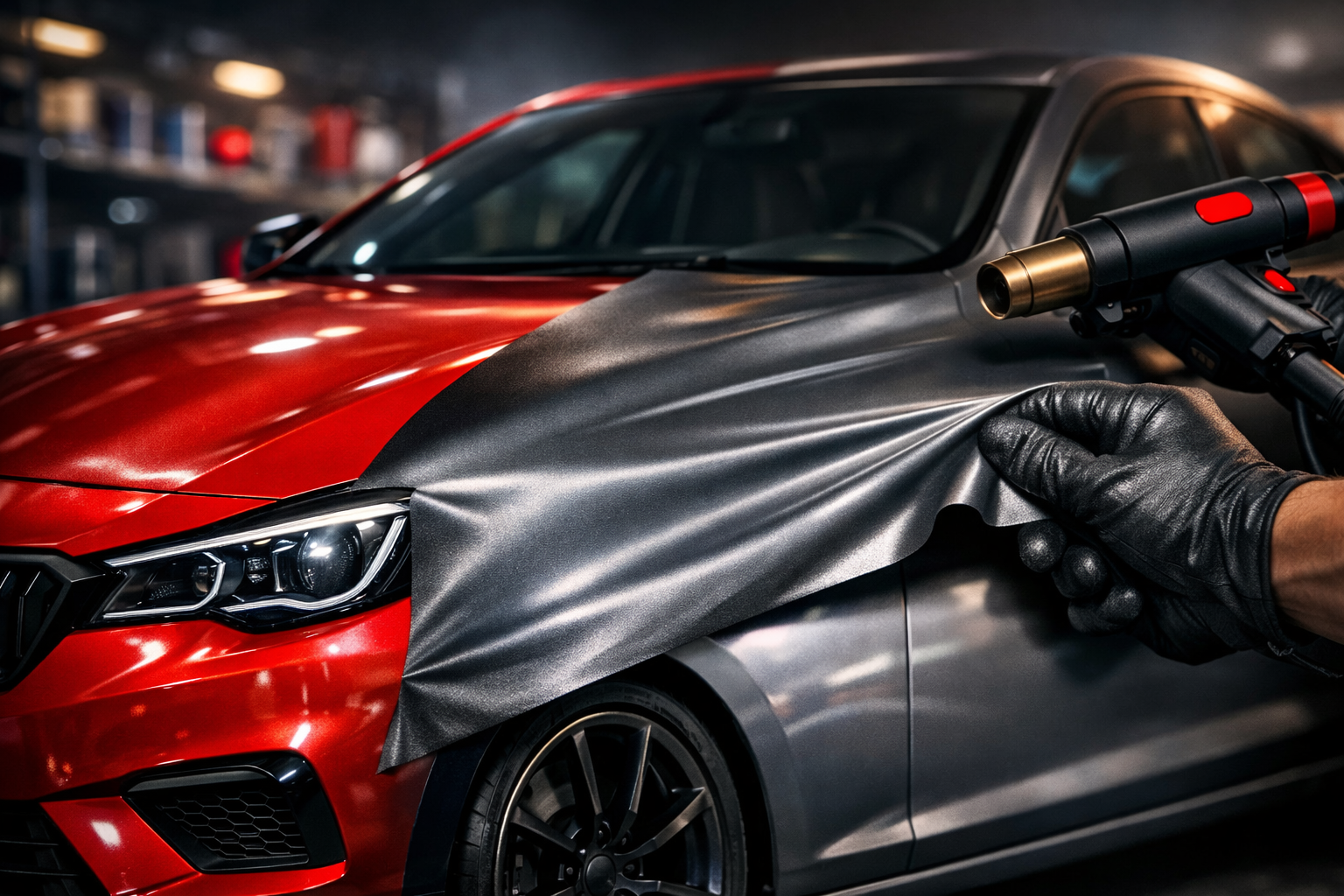 Car Wrapping in Stade – matte Metallic-Folie wird präzise auf die Fahrzeugfront aufgebracht